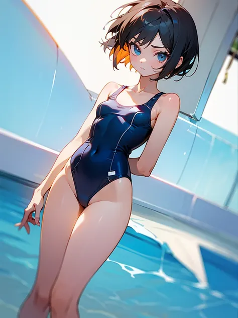 1 girl, short hair, small childish body, swimsuit, school suit, , slim waist, thin thighs, 