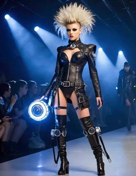 A cute fashion model (age 25, crazy hair, trendy makeup, sci fi leather club outfit, many blinking lights and gadgets), displaying her cyberpunk club wear, fashion show on the runway, full body shown
