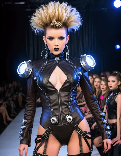 A cute fashion model (age 25, crazy hair, trendy makeup, sci fi leather club outfit, many blinking lights and gadgets), displaying her cyberpunk club wear, fashion show on the runway, full body shown
