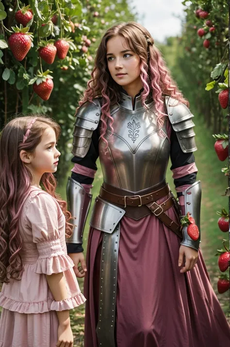 a girl in armor, curly and brown hair, next to other girls dressed in a pink dress and strawberries, and straight pink hair