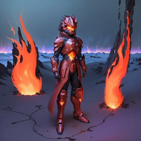 cartoon of a man in a fire Armor standing in front of a fire, full dress of lava showcase, black fire color reflected armor, red demon armor, fire mage, draconic looking armor, cybernetic flame armor, cybernetic fire armor, burnt armor, flame conjuring arm...