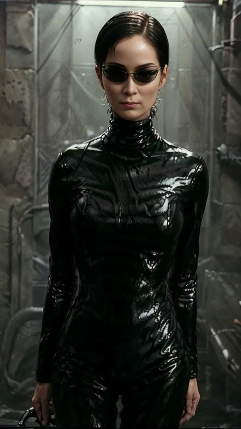 (carrie-ann moss)(trinity from the matrix)short black hair,black (thin black sunglasses), gorgeous eyes, high arched eyebrows, s...