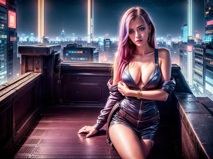 A beautiful European girl, on the roof of cyberpunk building, neon, serious face, wearing purple medieval dress, jewelry, cleavage, full body. She is 24 years old, has Split-Color Hair, blond hair, egyptian_bob_hairstyle and blue eyes. Her cloth is stylish...