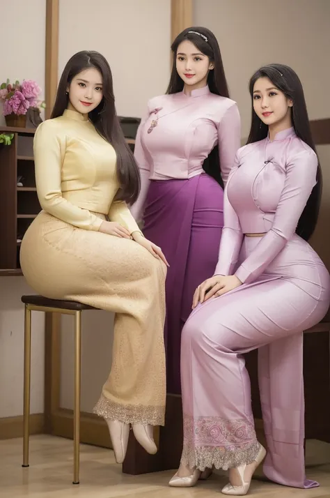 3 Burmese young women, sisters with long hair and captivating beauty / As if competing with each other with a smile / High hips / Big hips / Slightly narrow waist / Tightly dressed in traditional clothes / Neat and elegant dress / Stamped and decorated sil...