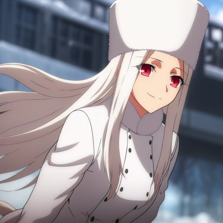 from below, Irisviel Von Einzbern, (large breasts), oversized breasts, long hair, white hair, white fur coat, white fur hat, solo, facing the viewer, looking at the viewer, smile, closed mouth, outdoors, (blurry background), snow