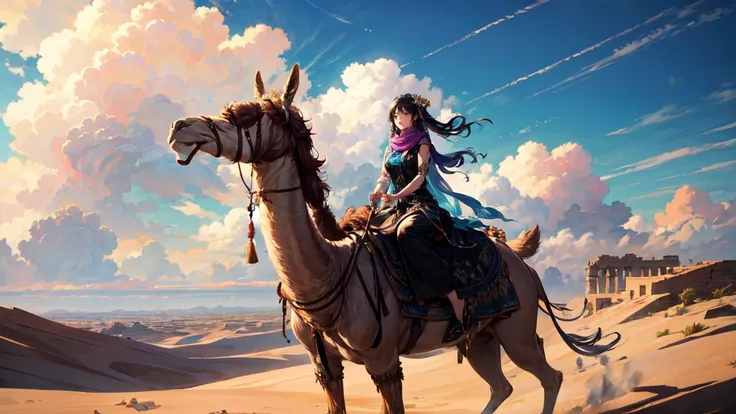 A captivating woman riding a camel in a desert setting. She has a mysterious and ethereal aura, with traditional Gypsy attire. Her outfit includes a flowing dress with intricate patterns, colorful scarves, and adorned with jewelry. The desert backdrop feat...