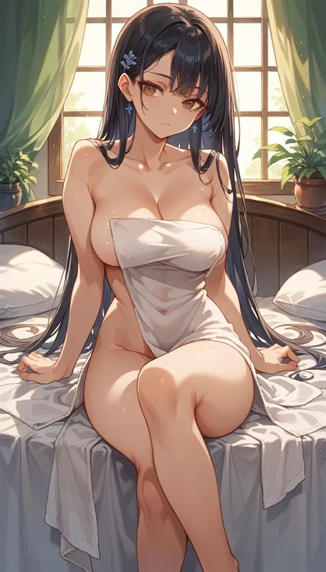 ((masterpiece)), ((Maximum quality)), ((sublime details)), ((hentai artistic style)), 1 girl, with large and round breasts, clear skin, black hair, Brown eyes, has a towel on, on the bed, crossed legs, suggestive look