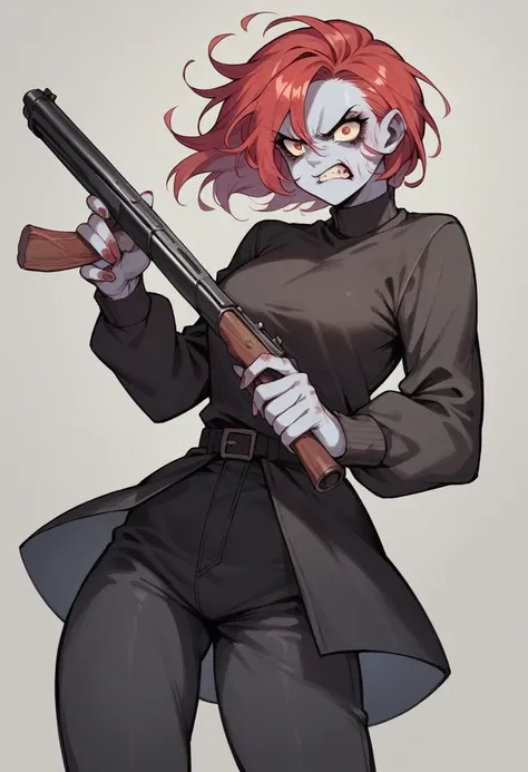 Woman, long red hair, black clothes, angry face, holding a shotgun, Zombie apocalypse