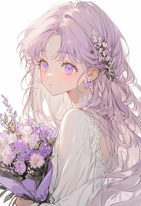 soft lines、girl、light purple、((((hold light purple bouquet))))、💐💐💐💐💐💐💐💐💐💐💐、upper body、long hair、white dress、white background、fro...