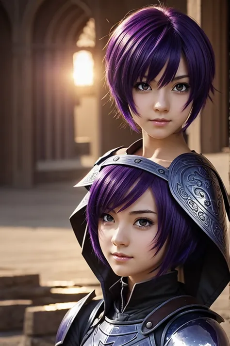 anime girl knight with short purple hair and dark eyes