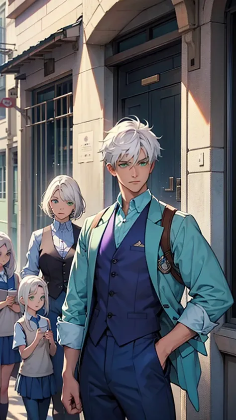 make a boy with white hair and green eyes wearing a dark blue shirt and blue pants with a purple vest in front of a school with several girls admiring him 