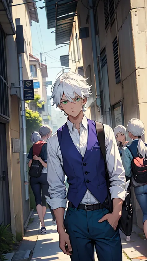 make a boy with white hair and green eyes wearing a dark blue shirt and blue pants with a purple vest in front of a school with several girls admiring him 