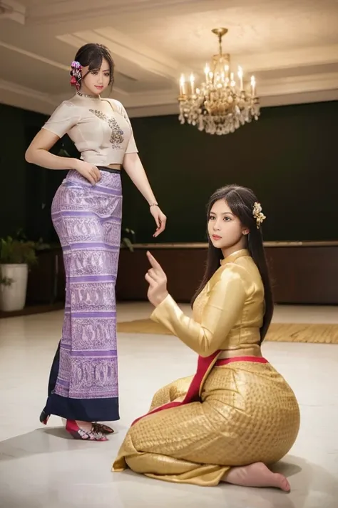 3 young Burmese women of the same blood, one color, one color, sisters with long hair and captivating beauty / As if they were competing with each other for beauty / High hips / Big hips / A little narrow waist / Tightly dressed in traditional clothes / Ne...