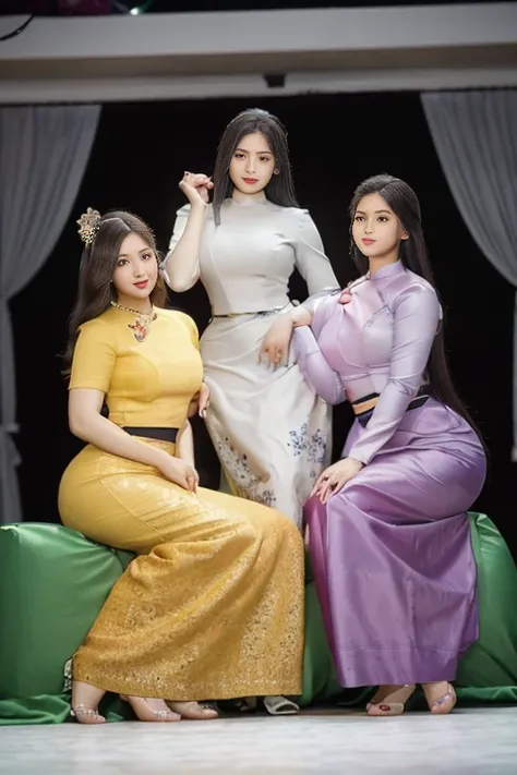 3 young Burmese women of the same blood, one color, one color, sisters with long hair and captivating beauty / As if they were competing with each other for beauty / High hips / Big hips / A little narrow waist / Tightly dressed in traditional clothes / Ne...