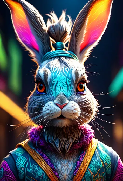 a high-quality digital illustration of a bunny man with a man bun, a fierce creature, 8k resolution, very good details, characte...