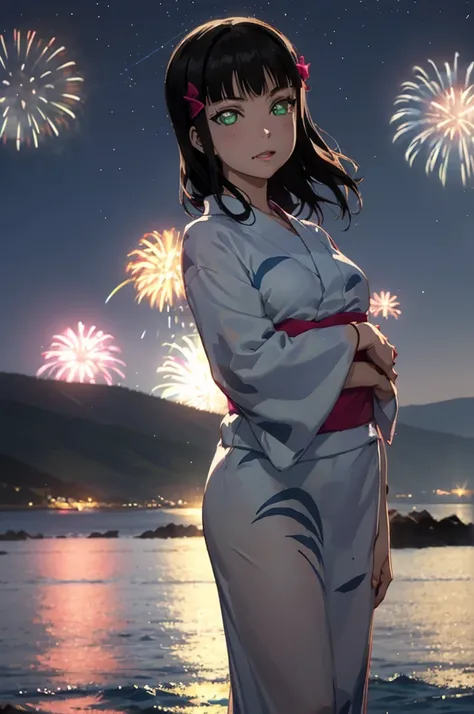 Create an illustration of Dia Kurosawa from Love Live! Sunshine!!. She has long black hair and green eyes, and shes wearing a yukata. In the background, there are fireworks in the night sky, with the ocean and mountains in the distance. My hair sways in th...