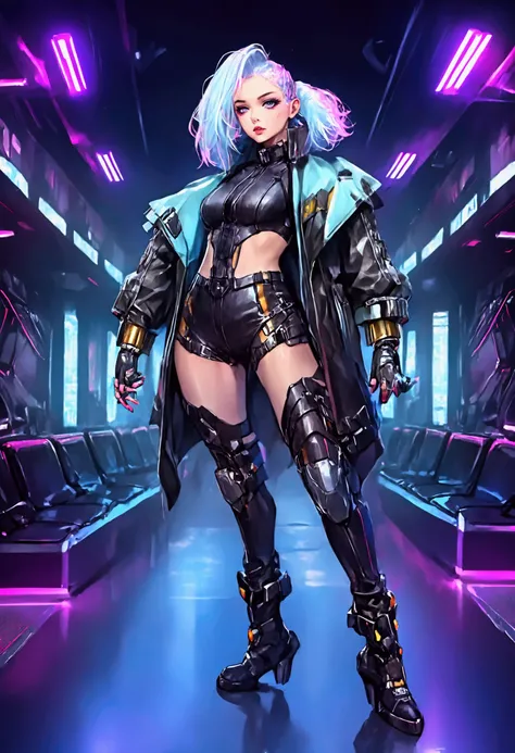 A cute fashion model (age 25, crazy hair, trendy makeup, sci fi leather club outfit, many blinking lights and gadgets), displaying her cyberpunk club wear, fashion show on the runway, full body shown
