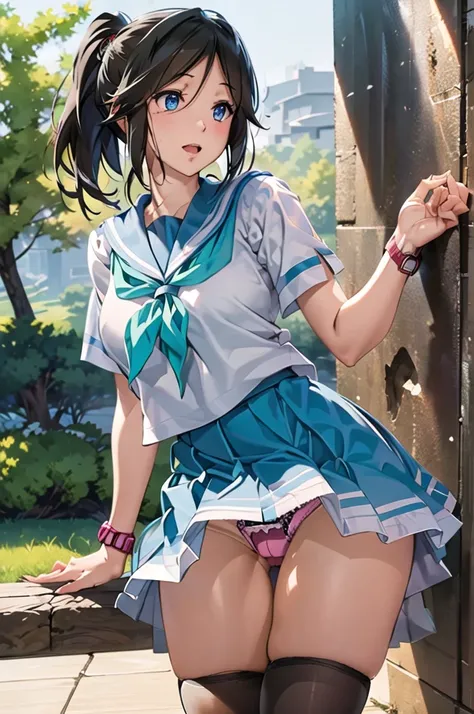 masterpiece, Highest quality, High resolution, Semantics 1, One girl, Nozomi Kasaki, alone, , blue eyes, Black socks, ponytail, Sailor collar, Blue Skirt, Black Hair, blue Sailor collar, Pleated skirt, Blue neckerchief, Short sleeve, Long Hair, White shirt...