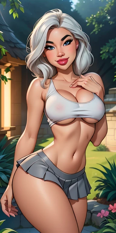 Medium round breasts, playful expression, elegant makeup, pleated high waist skirt, black tank top, Underboob showing, silver hair flowing in the wind, attractive eyes, glossy lips (best quality, ultra-detailed, photorealistic: 1.37), bright and vibrant co...