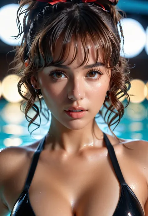 (best quality, 4k, highres, highres face details),18 yrs old, 1girl, solo, athletic figure, tan skin, hoop earrings, perfect nose, perfect lips, fake lashes, large breasts, large butt, deep cleavage, pretty face, cute face, wearing a two piece black bikini...