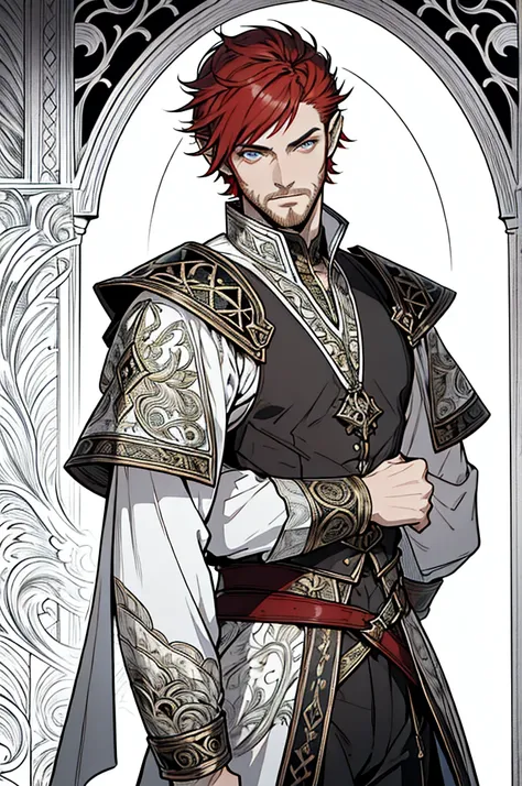 (masterpiece)，(Very detailed)，(Very detailed)，(best quality), lineart, one man, fantasy character, short pointed ears, sillver eyes, ((short red hair)), ((portrait)) tall, stunning, fantasy, beautiful face, animated style, perfect face, highest detail, stu...