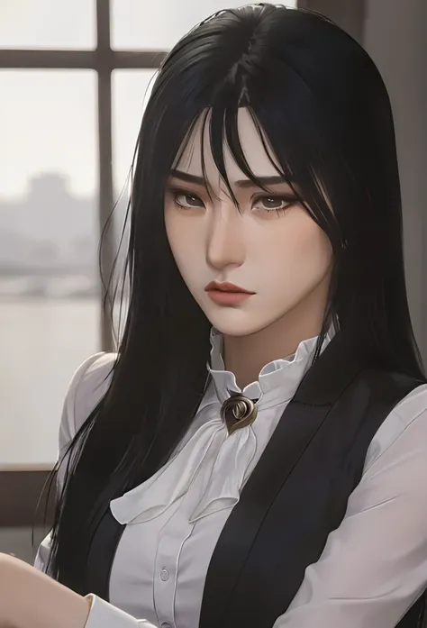 (masterpiece high quality, modern clothes) Arcane, caitlyn, black hair, 1girl, long hair, bangs, black attire, normal , messy hair, white top suit, black clothes, anime style character, highly detailed exquisite fanart, realistc anime
