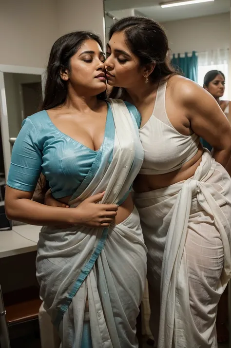 a  50-year-old shirtless man  affectionately hugging and kissing aradiant, full-figured South Indian plus-sized 30 year old teacher wearing a off white silky saree in  dressing room, captured in a full-body image with vibrant hues and meticulous details. F...