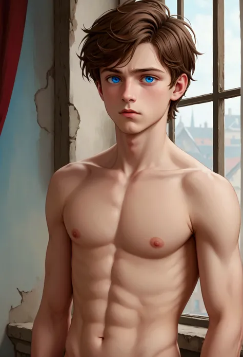 a beautiful boy, 14 years, very fine European features, Brown hair, blue eyes, sad look, peaceful look, naked,.strong chest, big nipples, pointy nipples, very masculine.