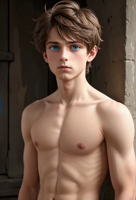 a beautiful boy, 14 years, very fine European features, Brown hair, blue eyes, sad look, peaceful look, naked,.strong chest, big nipples, pointy nipples, very masculine.