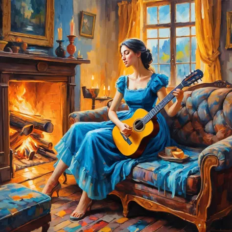 Woman dreaming in a old couch 2 bodies, harmony, peace, beautifuf thin belly and chest, wearing a long blue dress, playing with a guitar, lit fireplace of burning logs in a vintage living room with a open window, impressionism oil painting, Gorgeons splash...