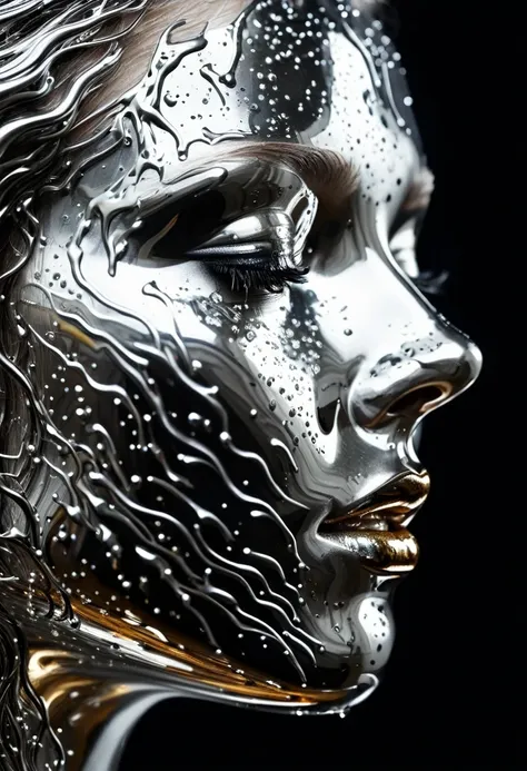 Mesmerizing close-up portrait of female face, A unique dichotomy. The left side is smooth, Liquid Metal Machinery, Drips and flows dynamically like a living entity. Fluid metal glitters，reflection, Creating the illusion of depth and movement. right side of...