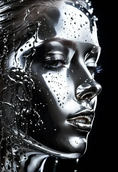 mesmerizing close-up portrait of female face, a unique dichotomy. the left side is smooth, liquid metal machinery, drips and flo...