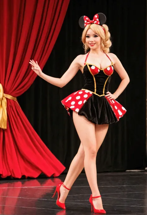 A cute woman (age 25, matching hair, disney character themed sexy outfit) is doing a disney themed fashion show, glamorous poses in the spotlight on the run way, show her full body
