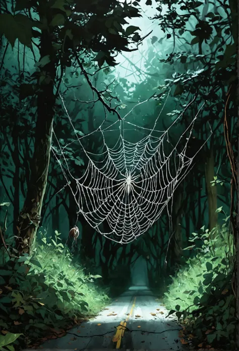 1girl, spider web, big blow trees, road, night scene, horror, dark, eerie, moody lighting, dark green foliage, dense forest, cobweb, detailed arachnid, crawling spider, tangled web, gloomy atmosphere, gothic, chiaroscuro lighting, dramatic shadows, high co...