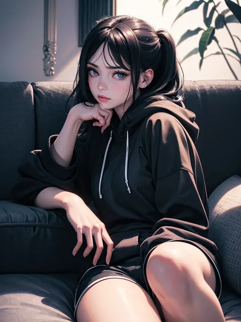 a sad girl sitting on a couch, hugging a pillow, crying, turned around, looking outside through window, wearing black hoodies and shorts, detailed eyes, detailed lips, extremely detailed face, long eyelashes, cinematic lighting, dramatic shadows, gloomy mo...