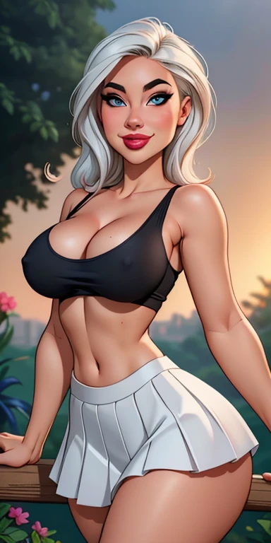 Medium round breasts, playful expression, elegant makeup, pleated high waist skirt, black tank top, Underboob showing, silver hair flowing in the wind, attractive eyes, glossy lips (best quality, ultra-detailed, photorealistic: 1.37), bright and vibrant co...