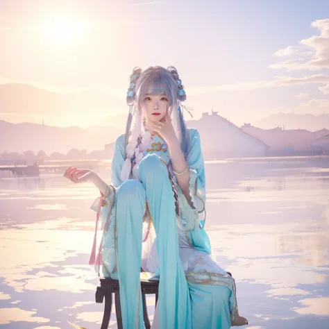 a woman sitting on a chair，On the leg is a doll, anime girl role play, anime role play, palace ， a girl in Hanfu, Anime girl squatting, white Hanfu, hatsune miku role play, Wearing Chinese clothes, Hanfu, 穿着Chinese Clothing, Chinese Clothing, High quality ...