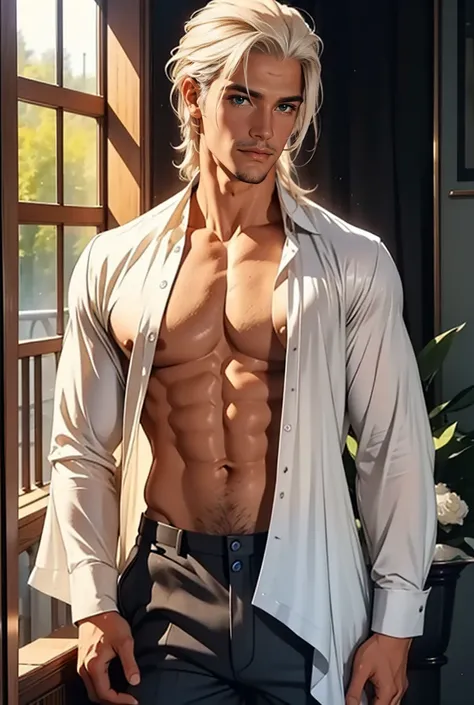 Tall, handsome, statuesque, courageous, adult man is platinum blonde, he is stripped to the waist, he is topless, he has a beautiful embossed athletic body, tanned skin, he has long straight platinum hair, blue eyes, long bangs, he hugs an incredibly beaut...