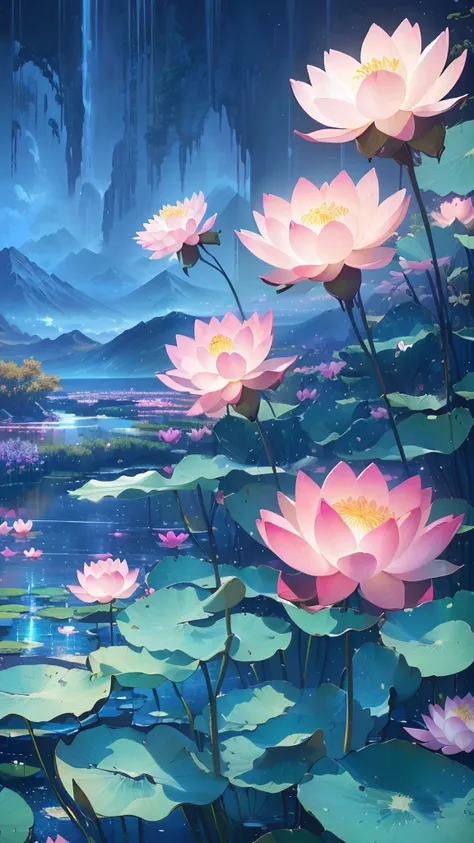 There are many pink flowers in the water，A mountain in the background, Beautiful digital painting, lotus on the water, Beautiful art UHD 4K, Digital painting highly detailed, Highly detailed digital painting, Ross Chen. Landscape background, lotus, Detaile...