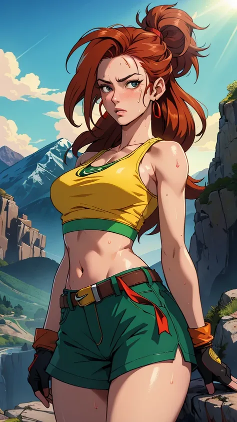 ((((masterpiece, best quality, high resolution)))), Extremely detailed 8K, 1 female, (Launch from Dragon Ball) wearing a light-green belly-baring crop tank top, yellow shorts with a red belt, brown fingerless gloves and red shoes with the Nike insignia wor...