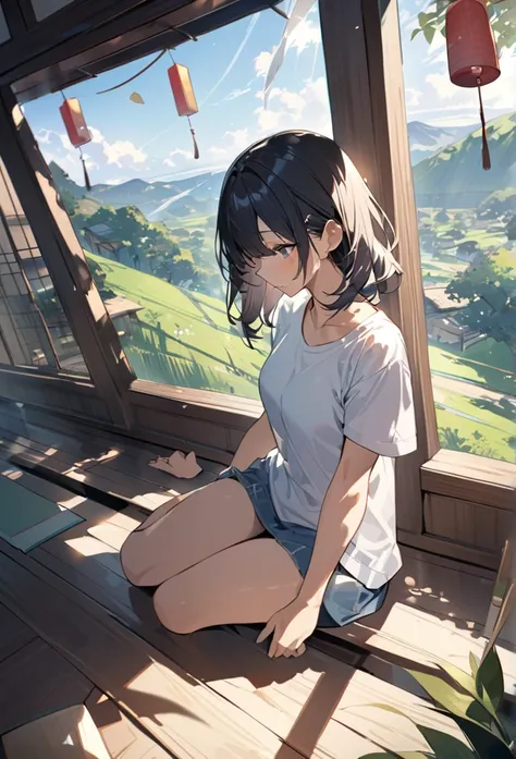 summer、Japanese countryside house、sitting on the edge。bucolic、Background of nature、Style、Countryside view、T-shirt girl、wind chimes、、One Girl、sunlight、Dynamic Angle((masterpiece,Highest quality))、