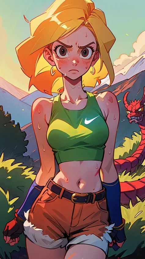 ((((masterpiece, best quality, high resolution)))), Extremely detailed 8K, 1 female, (Launch from Dragon Ball) wearing a light-green belly-baring crop tank top, yellow shorts with a red belt, brown fingerless gloves and red shoes with the Nike insignia wor...