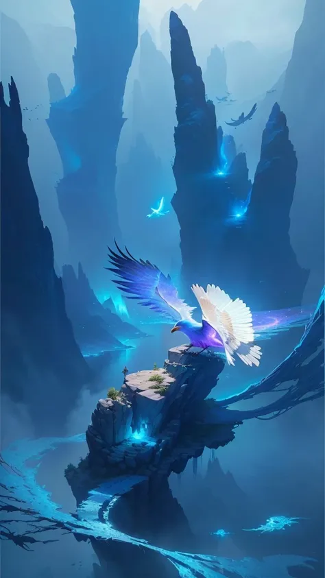 There is a bird flying on a rock in the middle of the lake, Digital 2D fantasy art, Magic concept art, fantasy art behance, detailed Digital 2D fantasy art, Beautiful concept art, High quality digital concept art, Fluid Digital Concept Art, Magic 2D Concep...