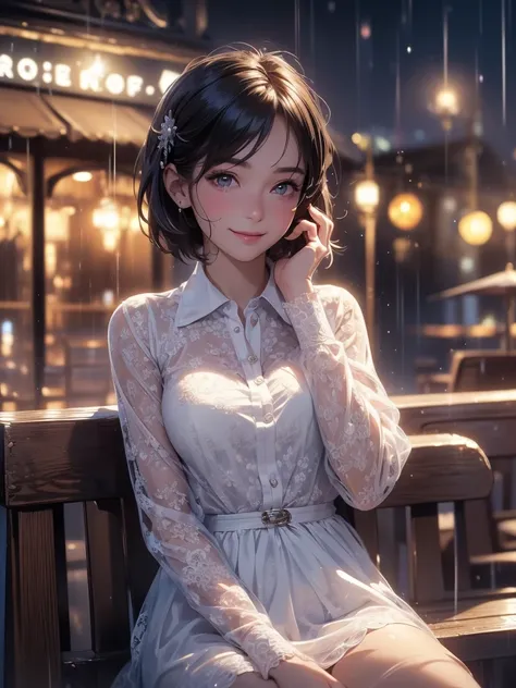 (8k, Best Quality, Masterpiece: 1.2), (Realistic, Photorealistic: 1.37), Super Detailed, 1 Girl, Cute, Alone, Beautiful Detailed Sky, Detailed Cafe, Night, Sitting, Date, ( Nose blush), (smile: 1.15), (close mouth) small breasts, beautiful details, (collar...