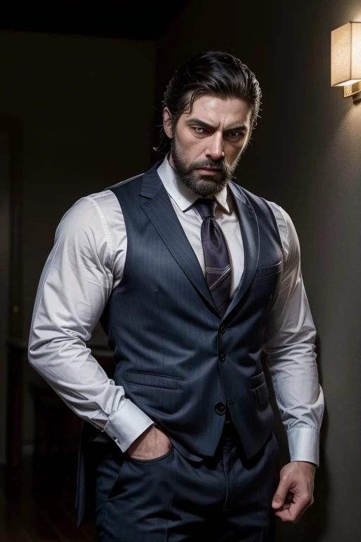 Very muscular mature man 30 years old in suit and dark beard Michael Corleone sexy angry gangster without tie