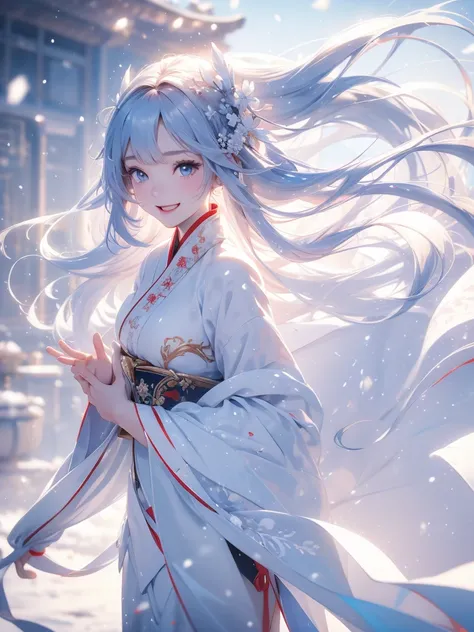 Best quality, 4K picture quality, 1girl, white Hanfu, snow, long hair fluttering in the wind, healing smile, large aperture, blurred background