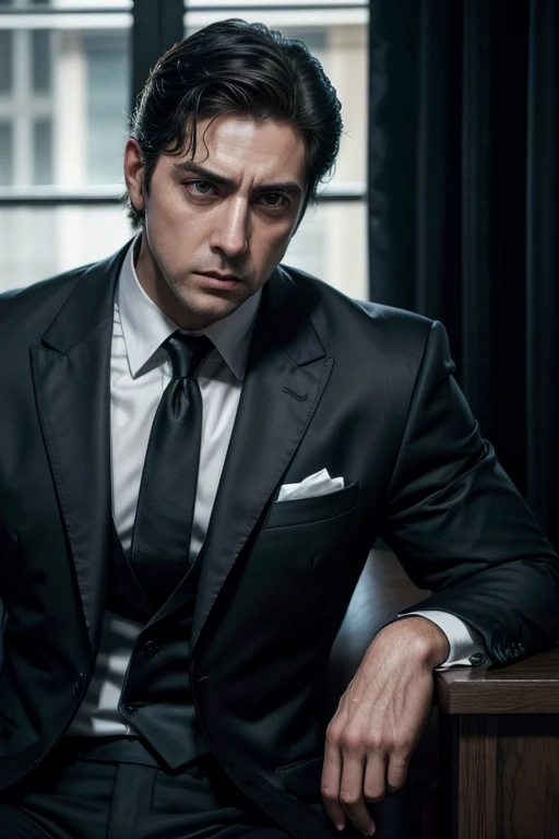 Very muscular man 30 years old in dark suit, barba, Michael Corleone, mafia, high, angry, sexy