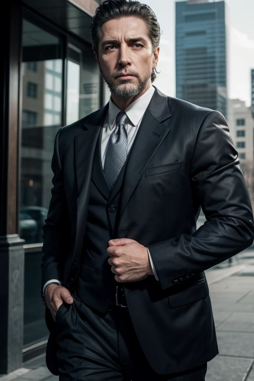 Mature muscular man 40 years old in suit and beard Michael Corleone menacing