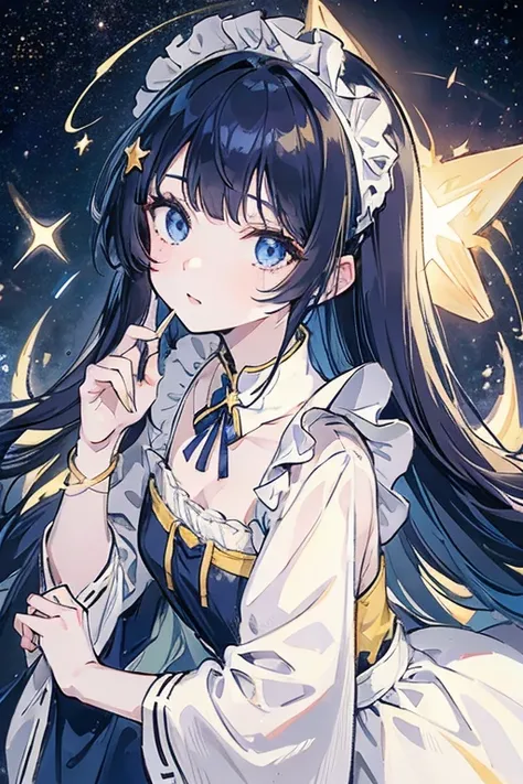 Girl, white skin, starry eyes, messy dark blue hair with yellow strands, star hairpin, maid outfit, space, Voyager