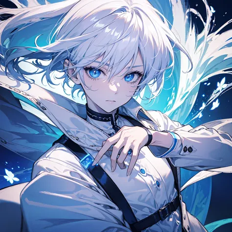 Design an anime boy with striking white hair, wearing a sleek white t-shirt and a stylish white blazer. His eyes should be a captivating sky blue, radiating a sense of calm and mystery. Incorporate an intricate background of blue flowers, with some petals ...